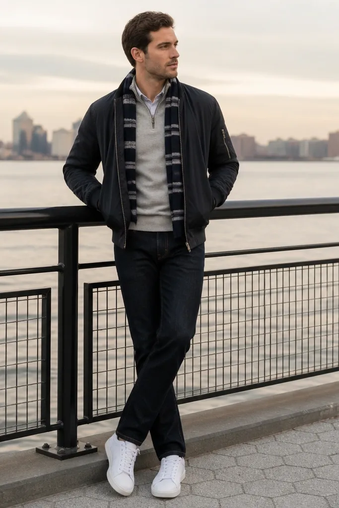 A grey quarter zip with a bomber jacket worn over it. A striped knit scarf sits at the neck, and the man wears dark jeans and white sneakers.