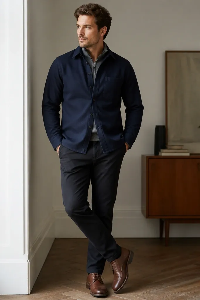 A medium grey quarter zip under a navy overshirt. The overshirt is buttoned, and the man wears dark chinos and brown leather shoes.