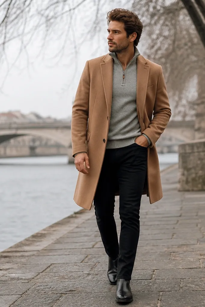 A man wearing a grey quarter zip under a camel overcoat. He has black denim jeans and black leather shoes. The photo is outdoors with cool lighting.