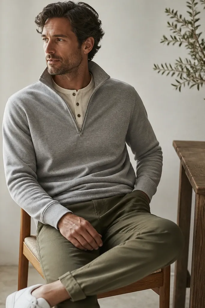 A grey quarter zip worn over a cream henley with three buttons. The man wears olive chinos and white sneakers. The zip is half-open and the henley texture shows.