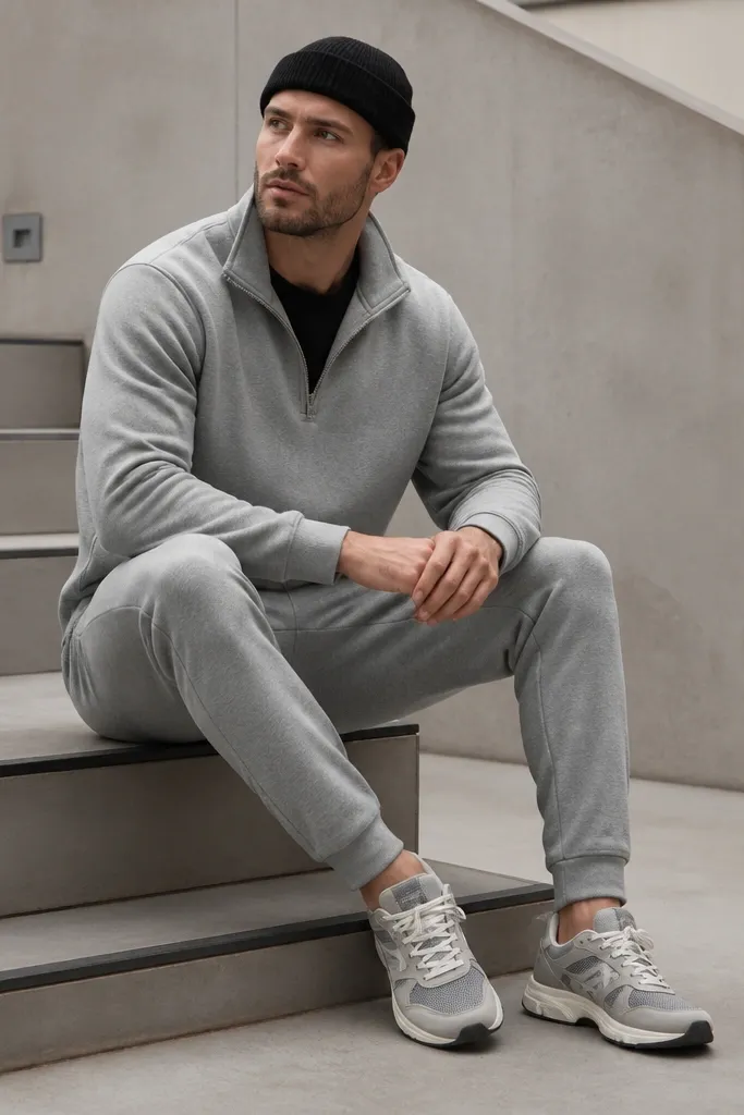 A grey quarter zip over a black tee with grey joggers. The man wears a black beanie and grey/white running-style sneakers.