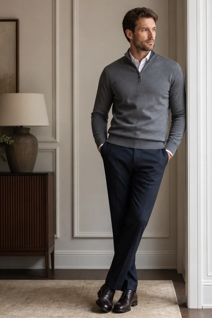 A man wearing a grey quarter zip over a crisp white button-down shirt. He pairs it with navy trousers and dark leather shoes. The quarter zip is zipped up, showing the shirt collar.