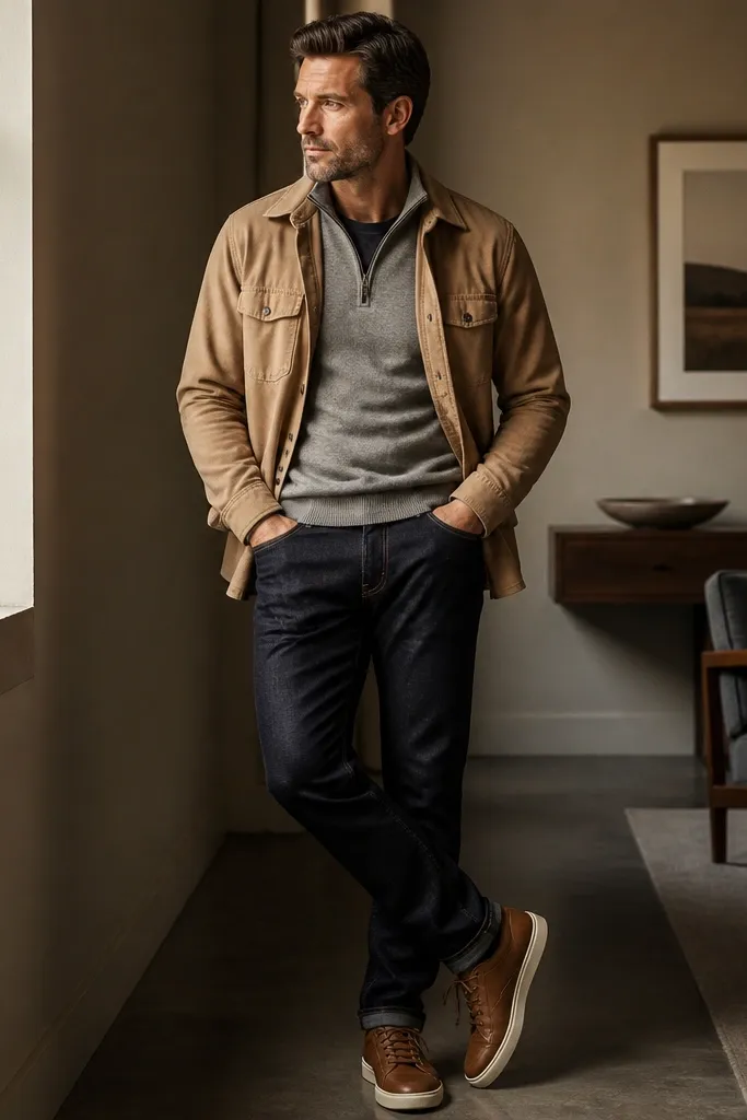 A grey quarter zip over a dark tee, with a tan overshirt layered on top. The man wears dark jeans and brown leather sneakers.