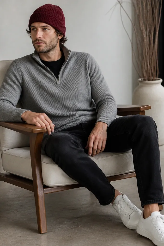 A man wearing a grey quarter zip over a black tee with black denim jeans. He has a burgundy knit beanie and wears white sneakers.