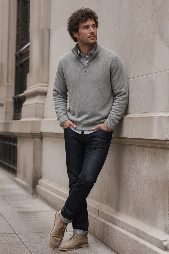A grey quarter zip worn over a small patterned overshirt. The man wears suede desert boots in tan and dark jeans. The look is shot in an outdoor urban setting.