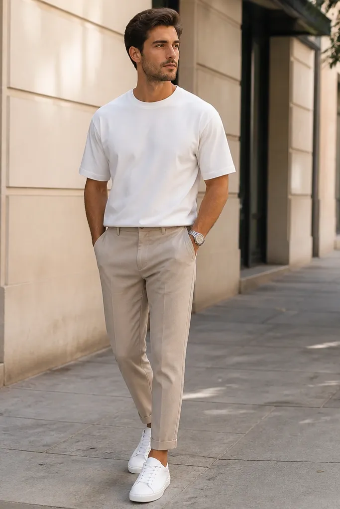 A man wearing beige tapered pants with a thick white crew-neck T-shirt tucked slightly at the front, paired with bright white low-top sneakers. A simple silver watch sits on the wrist; the background looks like a sidewalk in soft daylight.