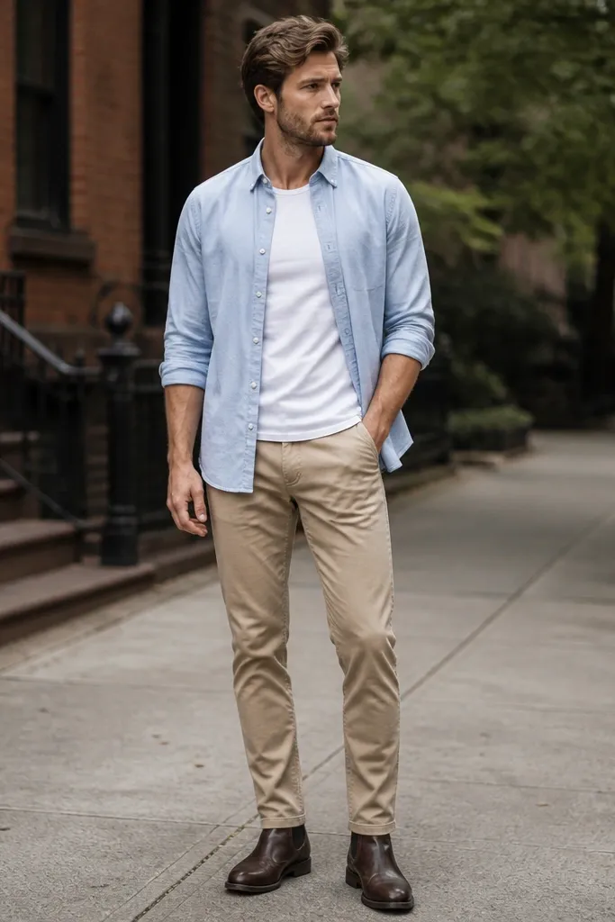 Beige pants with a light blue oxford button-down worn open over a fitted white tee. The shirt hem falls slightly past the waist, and the man wears dark brown leather boots. The shot is outdoors with a casual street vibe.