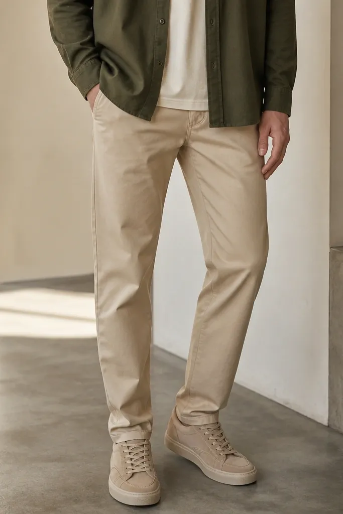 A man in olive overshirt over a cream tee, wearing beige pants and beige suede sneakers. The overshirt sleeves are buttoned at the cuff and the look is shot from mid-thigh down.