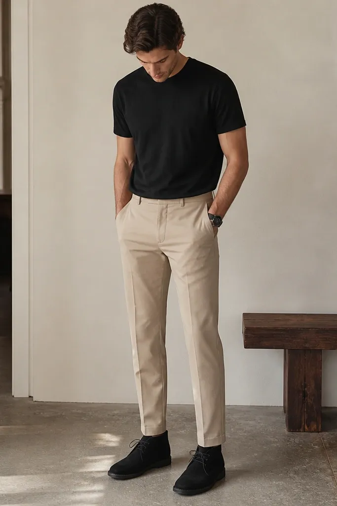 Beige pants paired with a black crew-neck tee and black desert boots. The outfit is clean and minimal, with a black watch and no visible belt. The photo shows the legs and shoes clearly.
