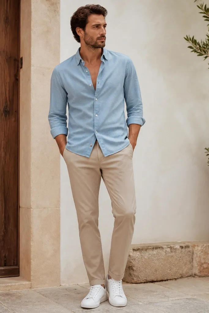 Beige pants with a chambray (light blue denim-like) button-down worn half-buttoned. The sleeves are rolled once, and white sneakers complete the outfit. The image is waist-up to shoes in daylight.