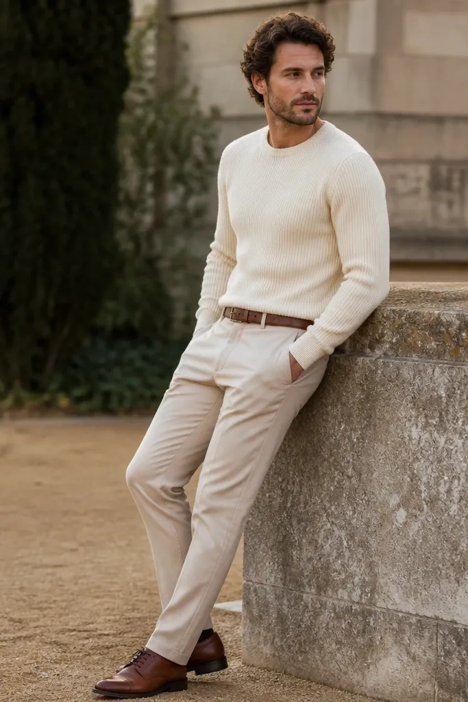 A cream ribbed knit crew-neck worn with beige pants and brown leather shoes. The knit texture is visible, and the belt matches the shoes. The photo shows a relaxed posture outdoors.
