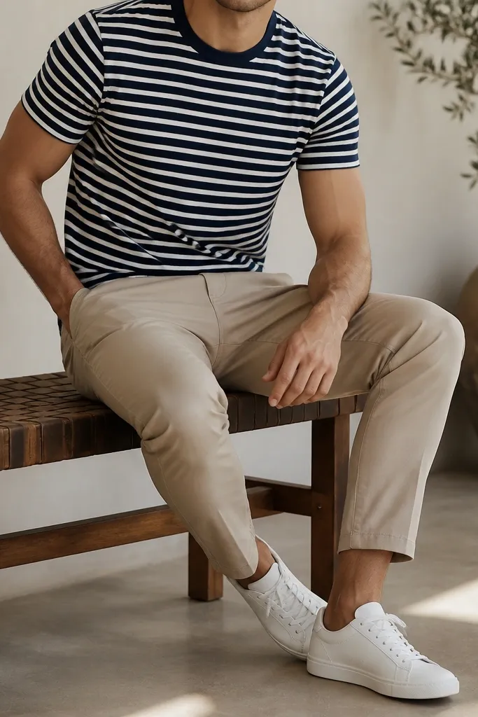 Beige pants styled with a navy-and-white striped crew-neck tee and clean white sneakers. The stripes are horizontal, and the sleeves are fitted. The picture focuses on the torso and legs.