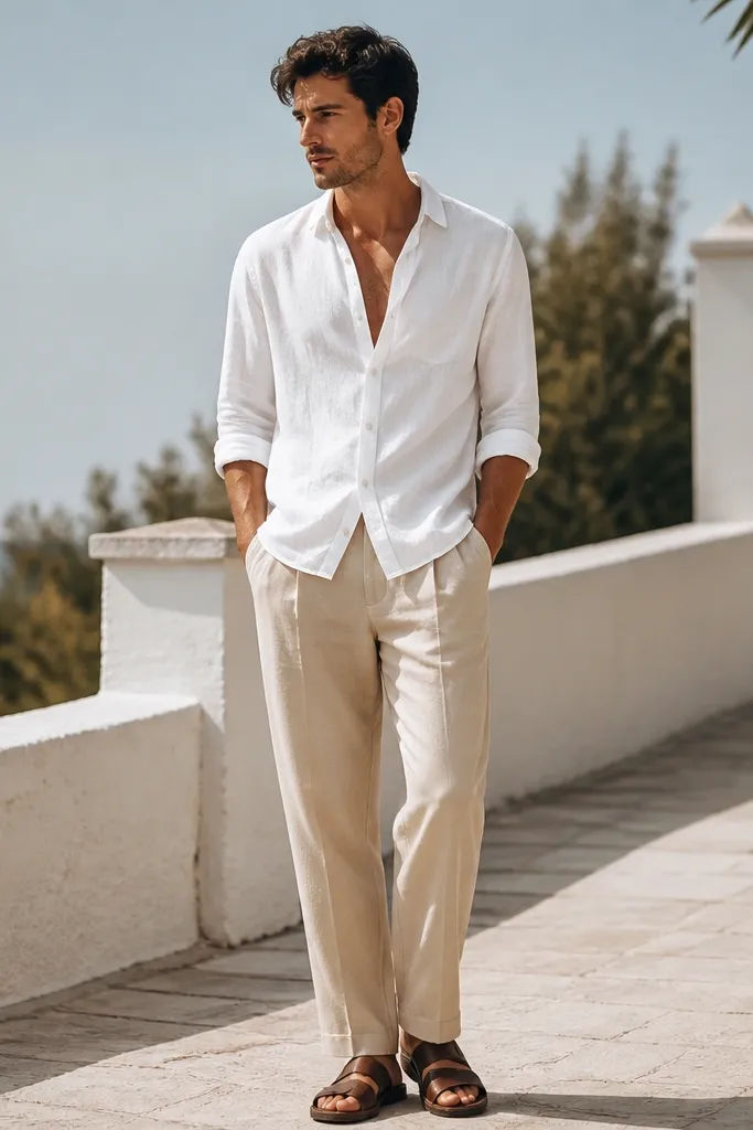 Beige pants with a slightly wrinkled white linen blend button-down worn open at the top and loosely draped. Brown sandals or loafers appear at the bottom, and the outfit is shot in bright outdoor light.