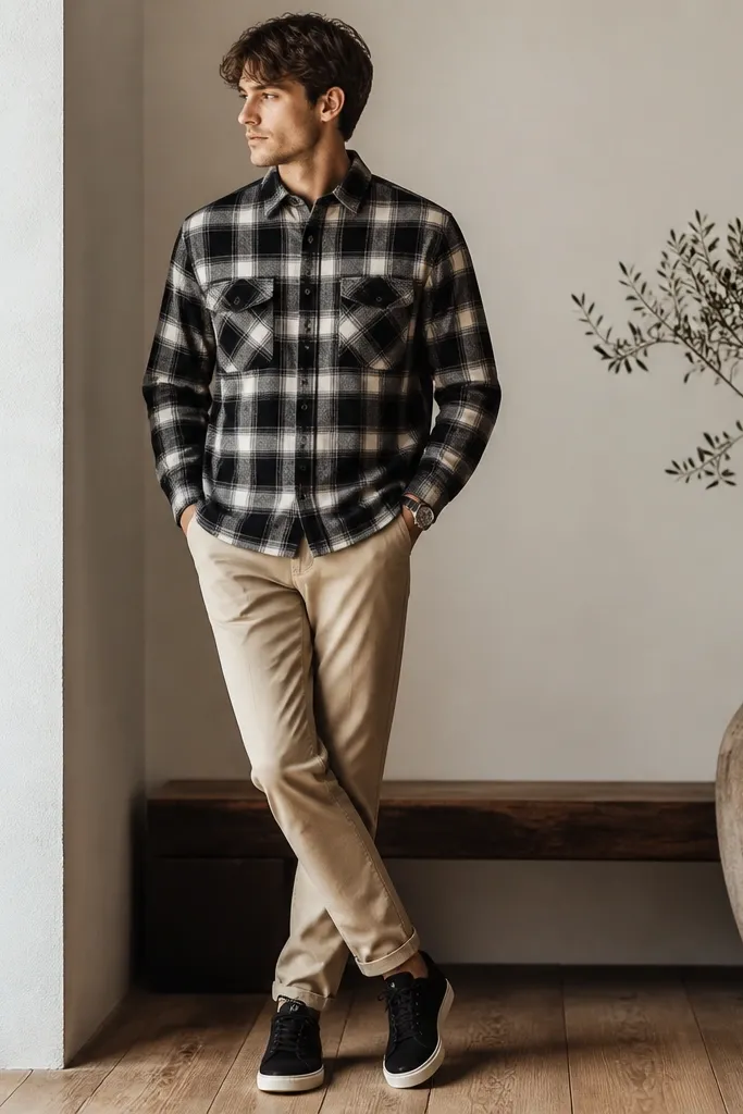 Beige pants with a black-and-white flannel overshirt worn buttoned, with the collar visible. Dark sneakers and a watch complete the look. The photo shows the overshirt pattern clearly.
