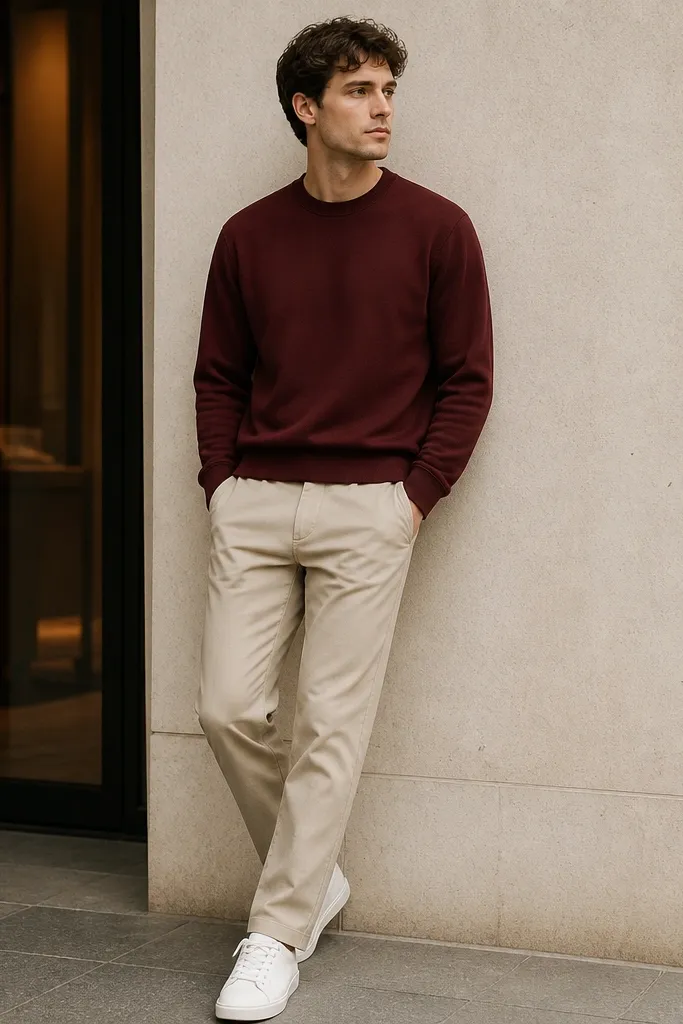 Beige pants styled with a burgundy crewneck sweatshirt and white sneakers. The sweatshirt is slightly relaxed but not baggy, and the cuffs sit around the wrists.