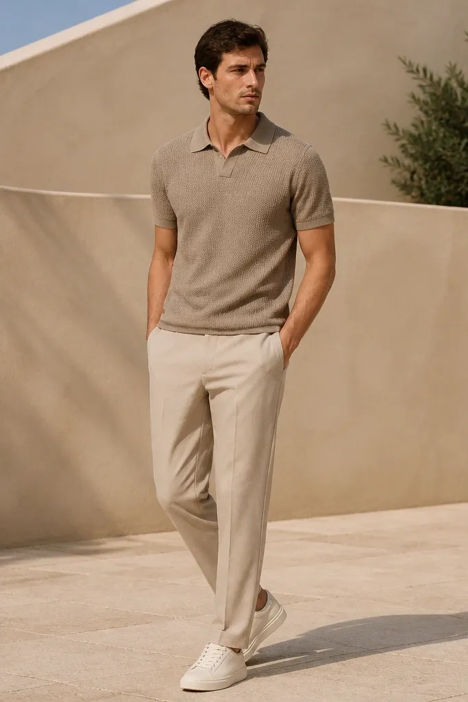 Beige pants with a tan knit polo shirt and off-white sneakers. The polo has a subtle texture and the collar sits flat. The photo is shot outdoors with soft shadows.