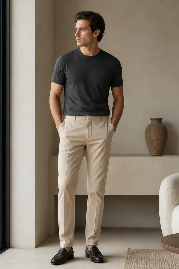 Beige pants paired with a charcoal gray crew-neck tee and dark brown or black loafers. The tee is fitted, and the outfit looks neat from waist to shoe.