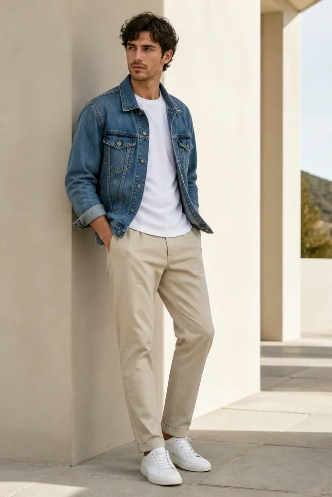 Beige pants with a washed indigo denim jacket over a white tee. The jacket is worn open, sleeves slightly rolled, and the shoes are white sneakers. The image shows the jacket-to-pants contrast clearly.