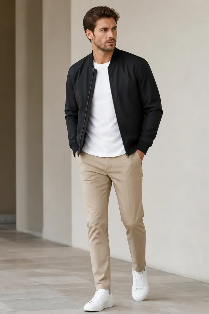 Beige pants with a black bomber jacket over a plain tee and white sneakers. The bomber has ribbed cuffs and waistband, and the pants show a clean taper.