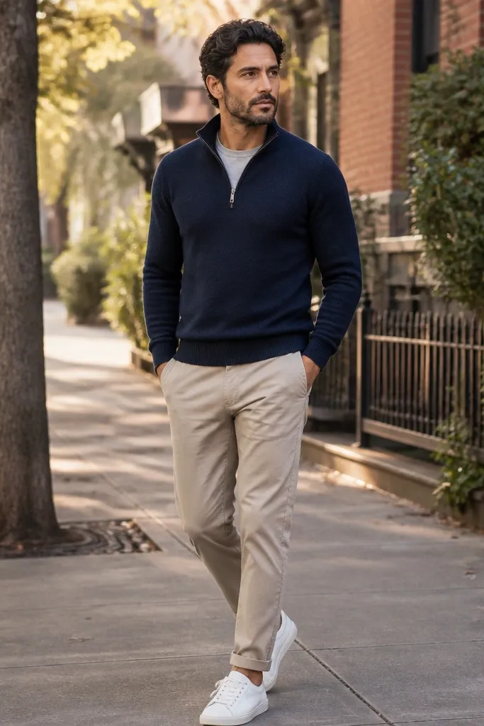 A navy quarter zip worn with light stone chinos and clean white leather low-top sneakers; a tan belt is visible at the waist.