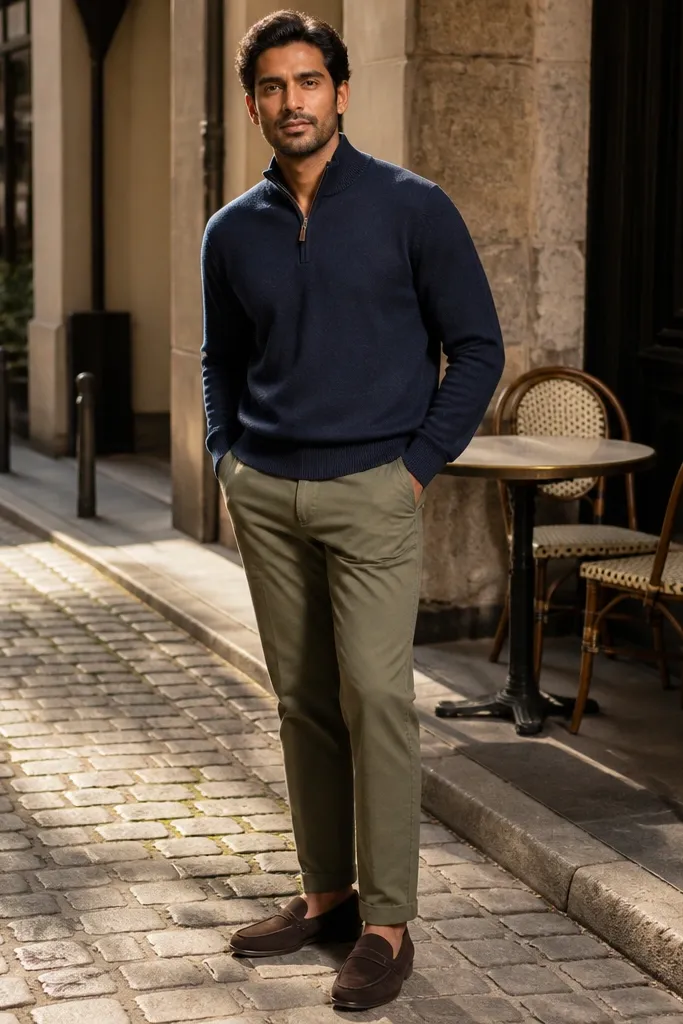 Navy quarter zip layered over a simple tee with olive chinos and tan suede loafers; a simple watch sits on the wrist.