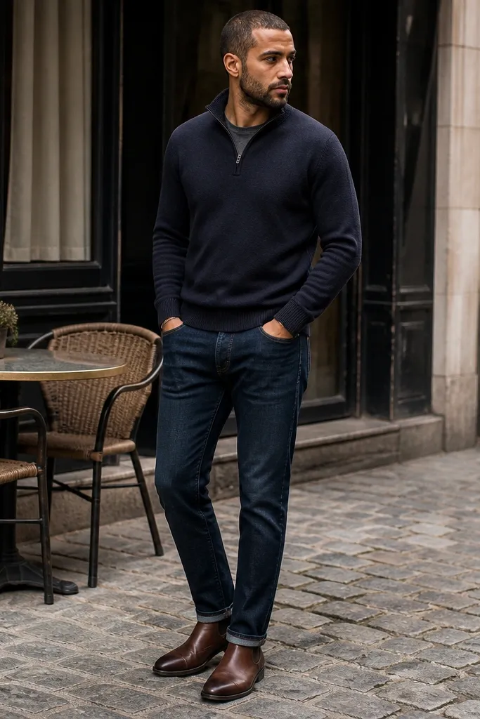 Navy quarter zip with dark indigo jeans and brown leather lace-up boots; the hem of the jeans breaks slightly over the boot.