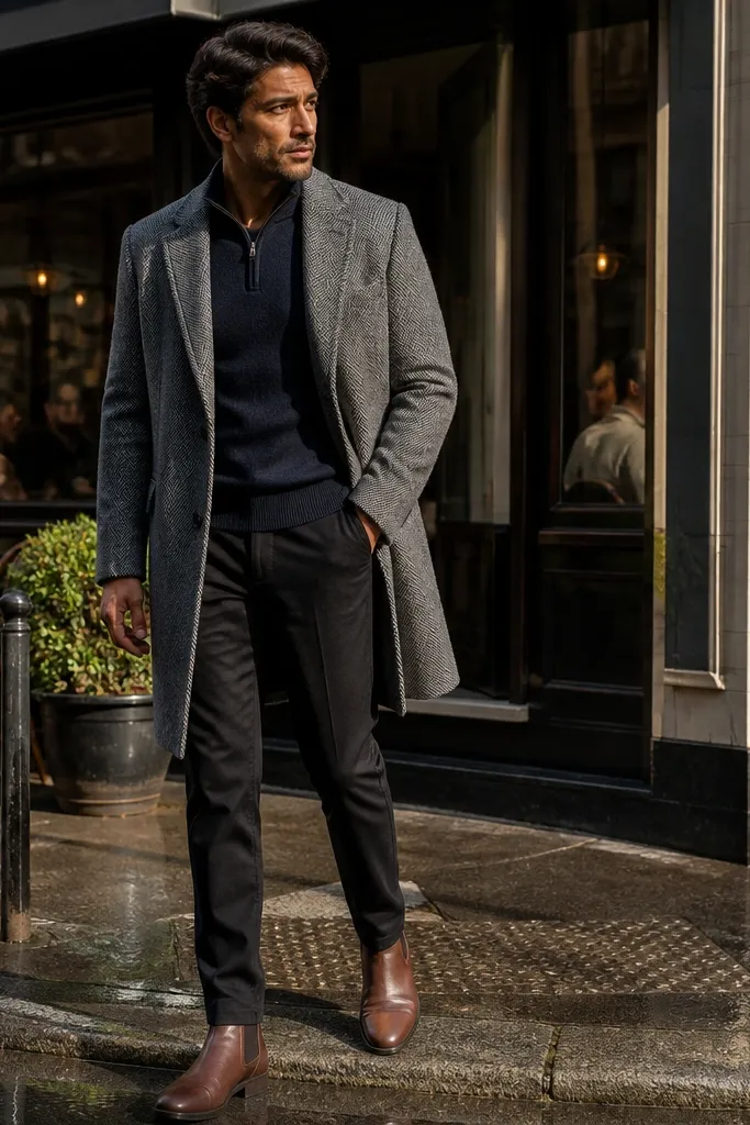 Navy quarter zip under a grey wool overcoat with black jeans and black leather Chelsea boots; the overcoat is buttoned.