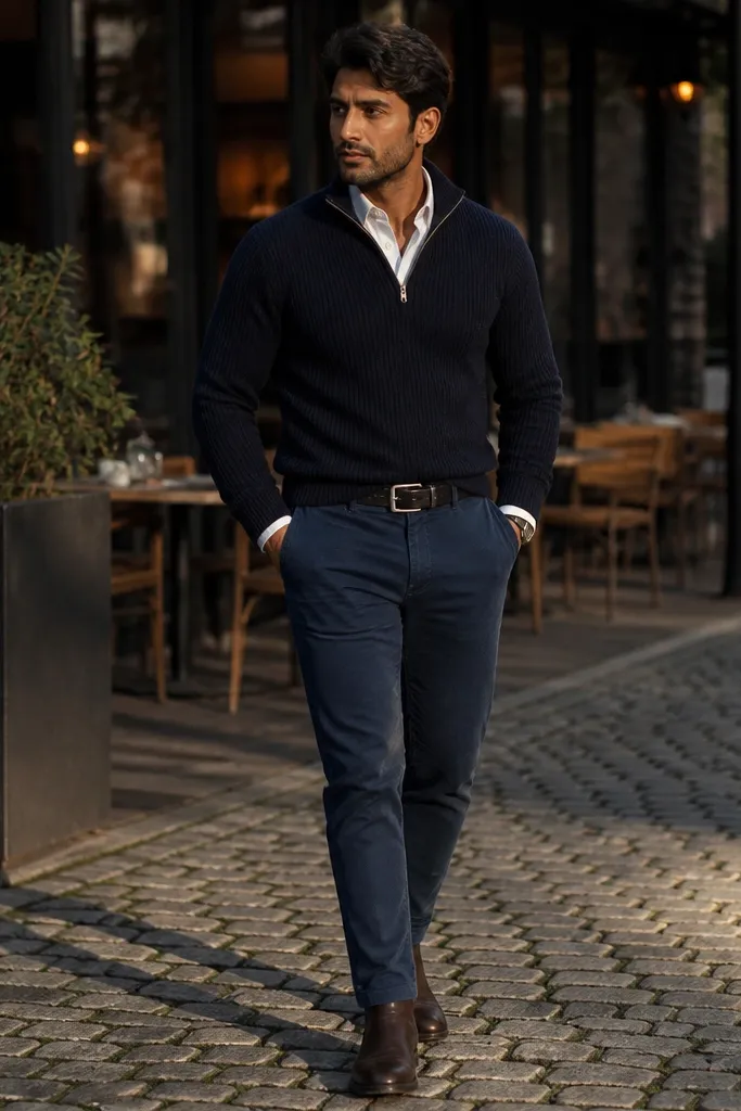 A navy quarter zip worn over a white button-down shirt; the shirt collar peeks out and navy chinos pair with the look.
