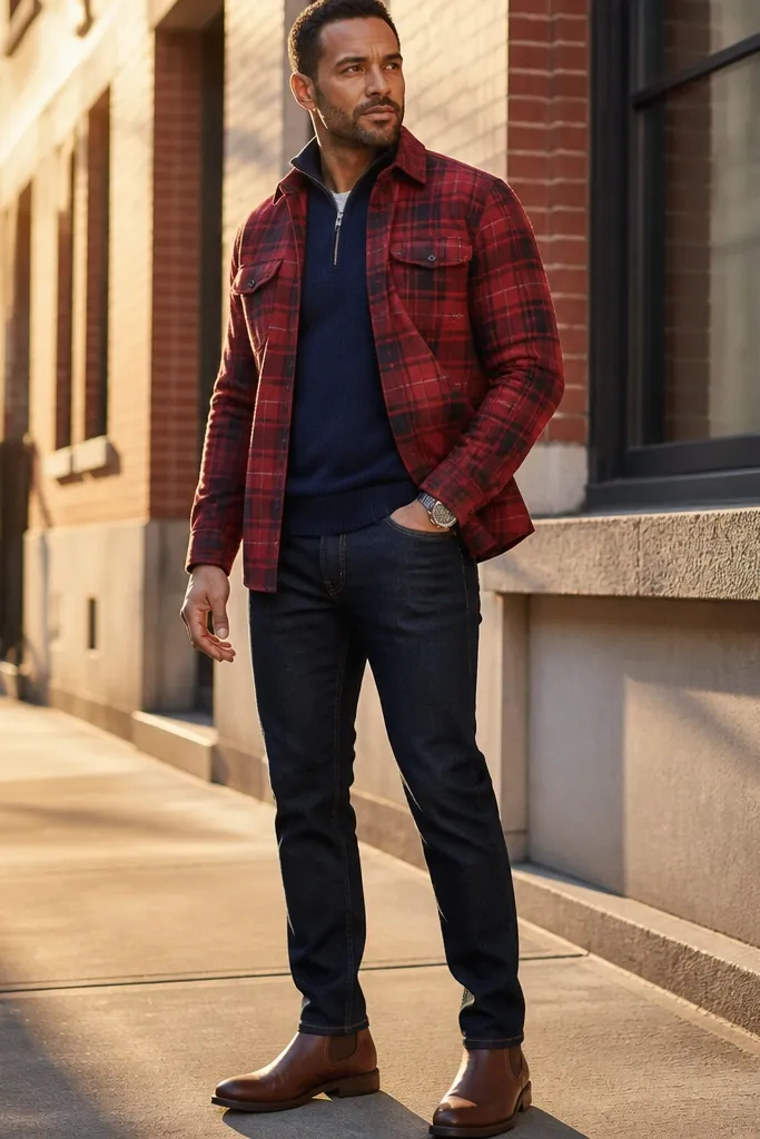 Navy quarter zip under a red and black flannel overshirt with dark jeans; a plaid pattern is visible at the open front.