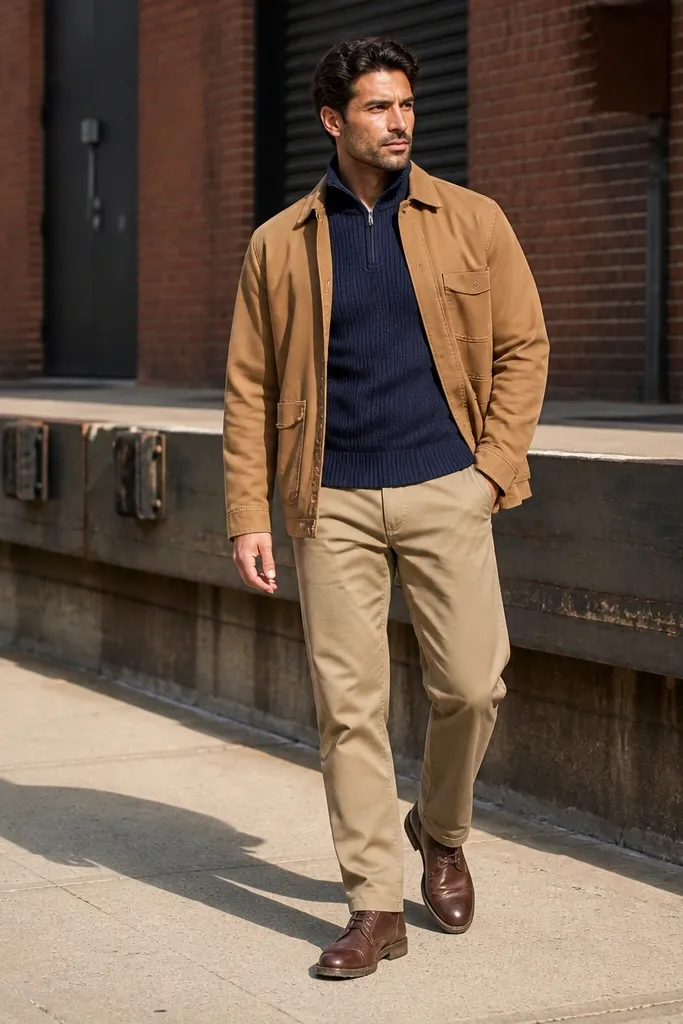 Navy quarter zip under a tan chore jacket with khaki pants and brown sneakers; jacket pockets are visible.