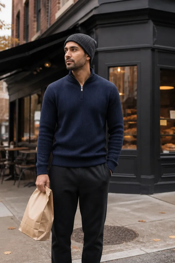 Navy quarter zip with a charcoal beanie and black joggers; white sneakers keep the look crisp.