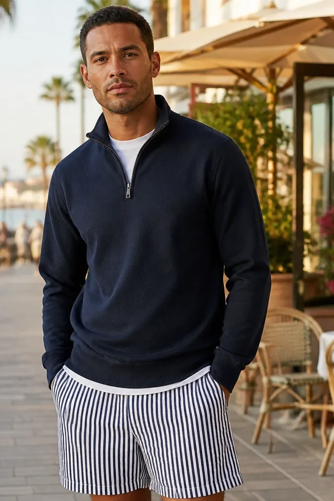 Navy quarter zip worn over a white tee with navy-and-white striped shorts and simple low-profile sneakers.
