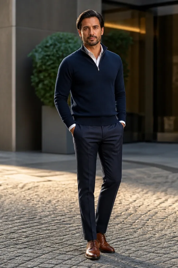 Navy quarter zip paired with tailored navy trousers and brown lace-up oxfords; a pocket square is not present since it's casual.
