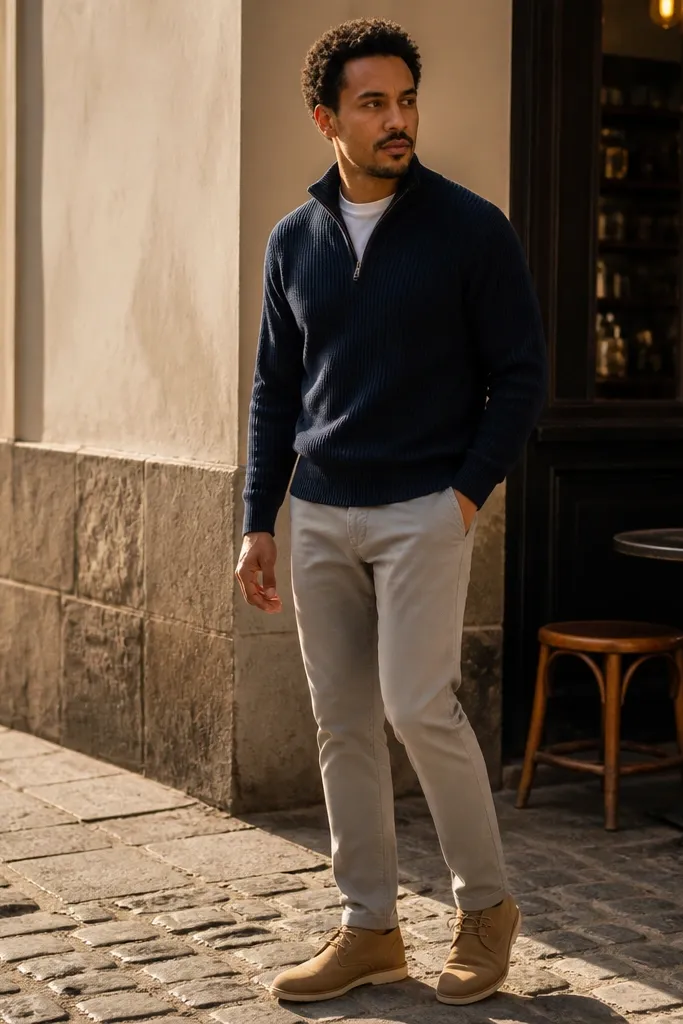 Navy quarter zip with light grey chinos and tan desert boots; the outfit looks airy and clean.