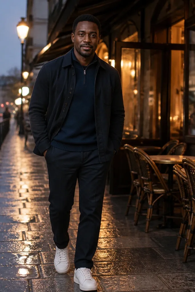 Navy quarter zip under a black overshirt with front pockets; white sneakers finish the look.