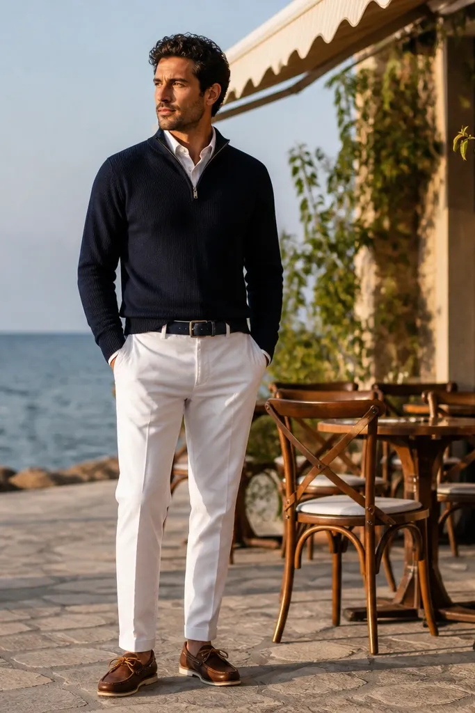Navy quarter zip with white chinos and navy belt; brown boat shoes or tan boat shoes are visible.