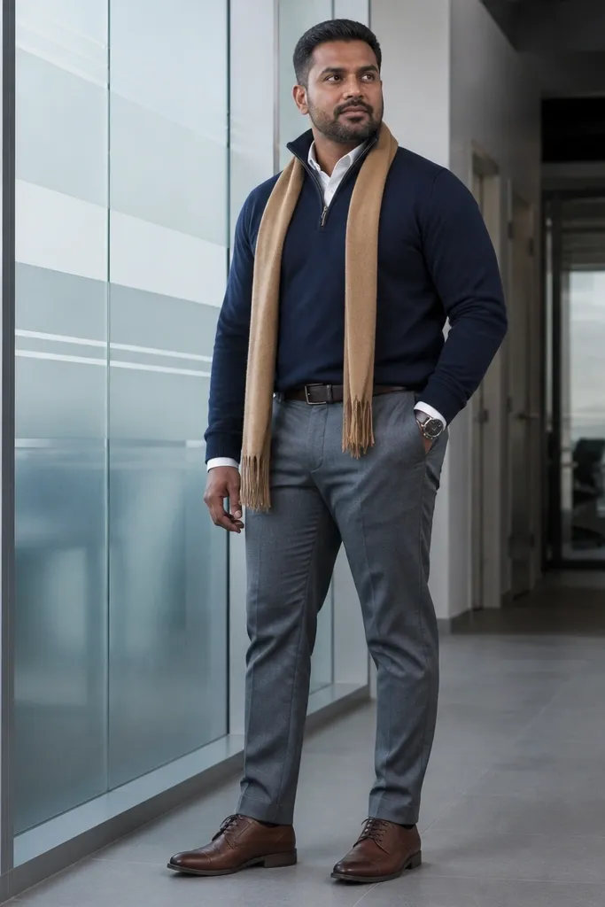 Navy quarter zip with grey trousers and a tan scarf; brown leather shoes complete the look.