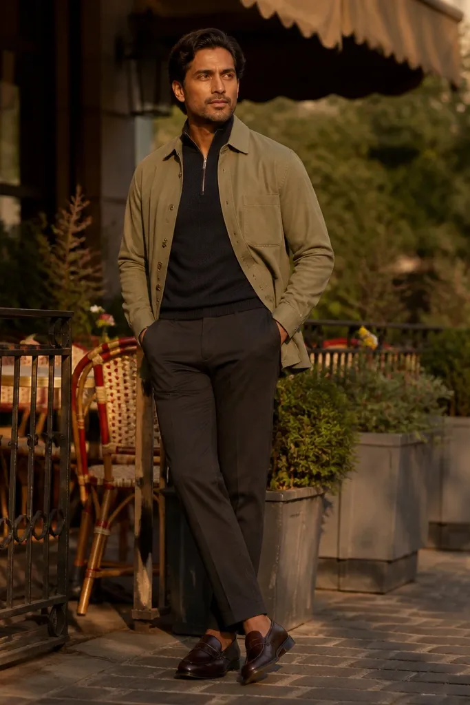 Navy quarter zip layered under a khaki overshirt; dark brown loafers and dark denim complete the outfit.