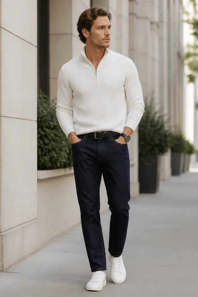 A white quarter zip knit top worn over dark indigo straight-leg jeans, with a black leather belt and a simple black watch. The shoes are clean white leather sneakers with low-profile soles. Background shows an outdoor sidewalk in soft daylight.