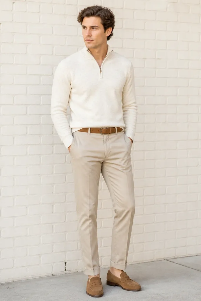 A cream white quarter zip paired with stone-colored chinos. The outfit includes a brown suede belt and tan suede loafers. The image shows the wearer standing in front of a light brick wall with a neutral, bright background.