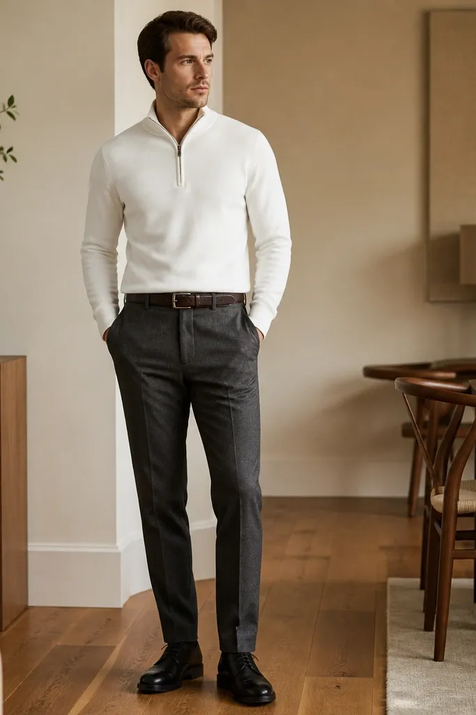 A bright optic white quarter zip with charcoal wool trousers and a dark brown belt. The shoes are black leather derbies. The image is shot indoors with warm lighting, showing clean tailoring lines.