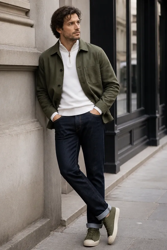 A white quarter zip under an olive-green overshirt, layered over dark raw denim. Shoes are olive canvas sneakers. The scene shows a casual street setting with a jacket collar visible.