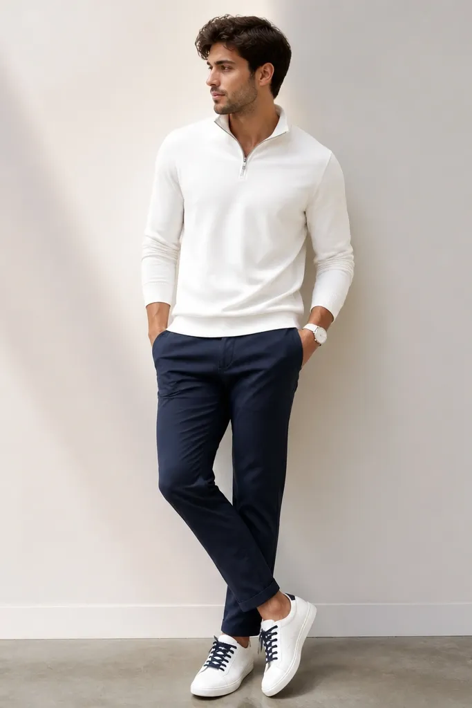 A white quarter zip paired with navy chinos and a subtle white watch strap. Shoes are white leather low-tops with navy laces. Background is a clean studio-like wall.