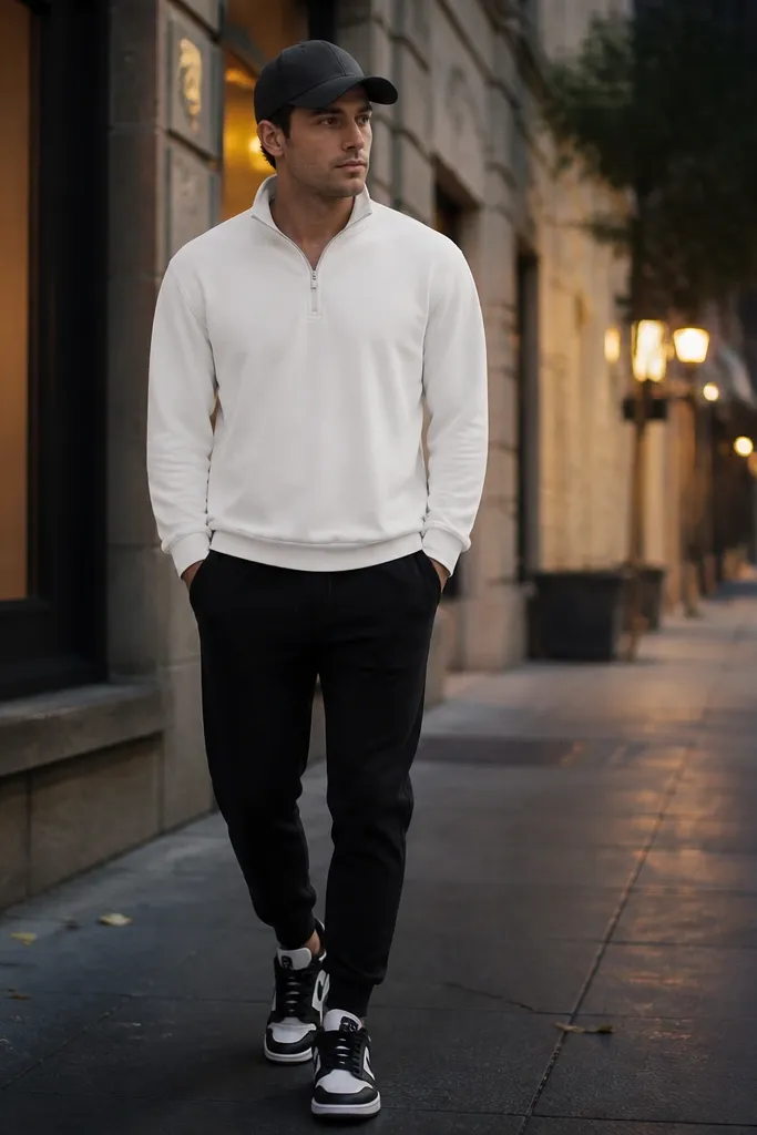 A white quarter zip on top of black tapered sweatpants. The shoes are black-and-white low-top sneakers. A cap in charcoal sits on the head. The photo shows a street sidewalk with evening lighting.
