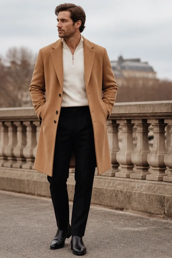 A white quarter zip under a camel overcoat, with black trousers underneath. Shoes are black leather boots or oxfords. The image shows a crisp outdoor scene with the coat collar open to reveal the quarter zip.