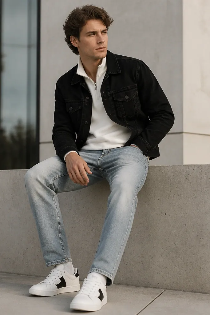 A white quarter zip layered under a black denim jacket. The jeans are light wash with subtle fading and a straight cut. Shoes are white sneakers with black accents.