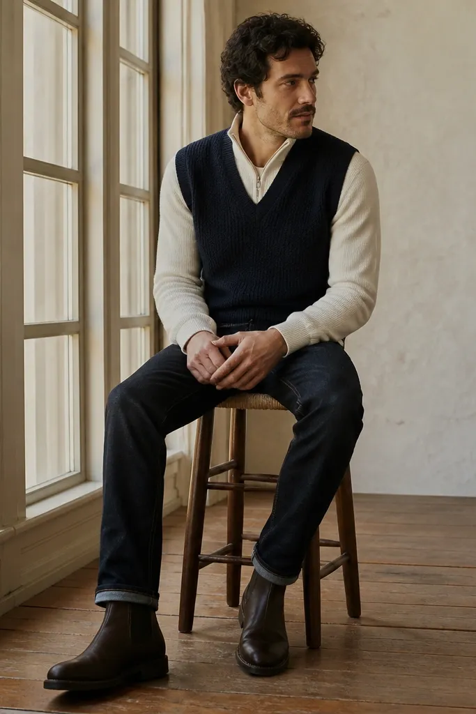 A white quarter zip worn under a navy sweater vest, layered over dark jeans. Shoes are dark brown leather boots. The image shows a layered knit texture effect.