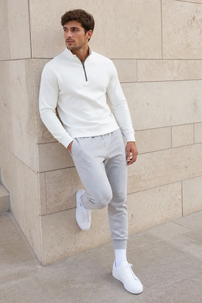 A white quarter zip with light grey joggers and clean white sneakers. The socks are white crew socks. The photo is bright and casual, showing an athletic silhouette.