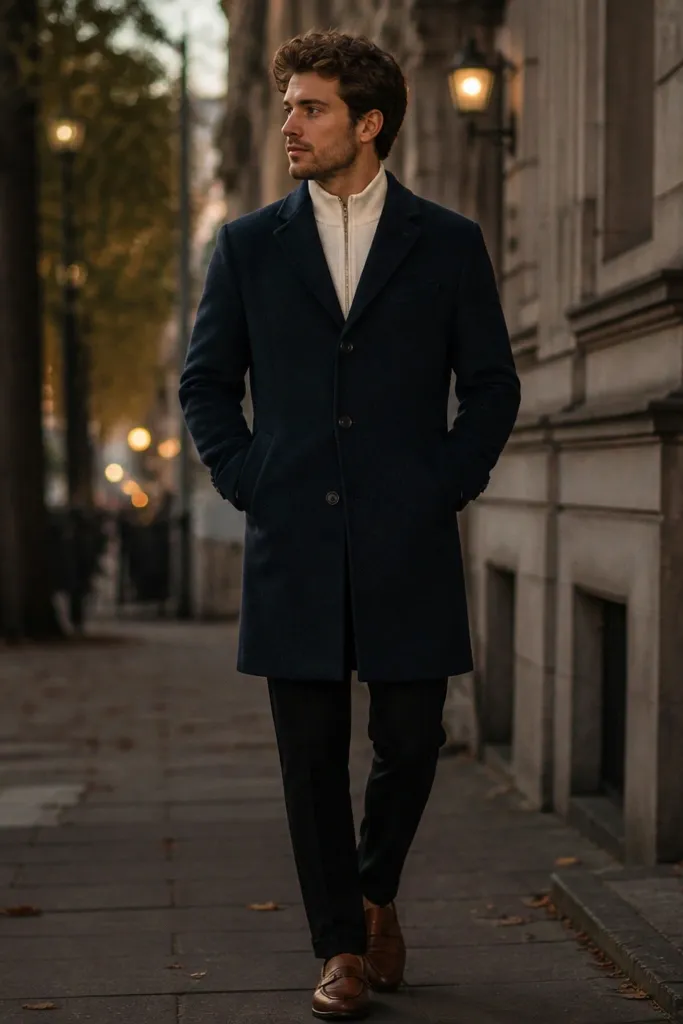 A white quarter zip under a navy overcoat, with tailored dark trousers and brown loafers. The coat is buttoned, showing the quarter zip collar. The setting looks like a city street at dusk.