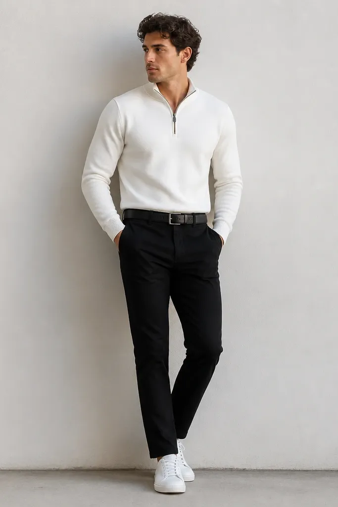 A white quarter zip worn with black chinos and white low-top sneakers. The belt is black leather. The look is minimal with a clean, high-contrast palette. Background is a plain wall for clarity.
